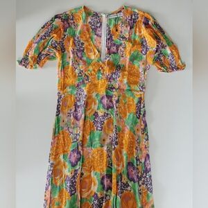 Faithfull The Brand Orange Purple Green White Floral Print Puff Sleeve Dress